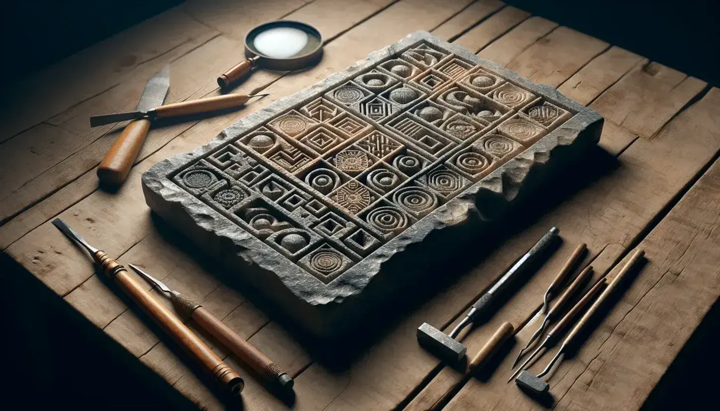 Ancient stone tablet with intricate geometric carvings on a wooden table, alongside carving tools, a magnifying glass, and a brush, with a soft green backdrop.