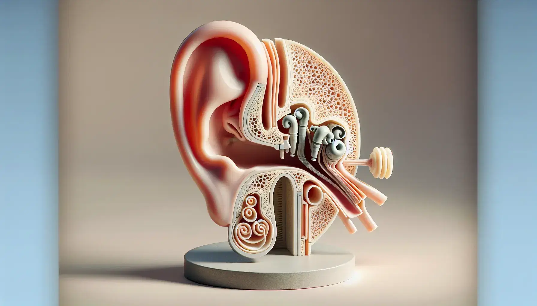 Modello anatomico 3D dell'orecchio umano con auricolare, canale uditivo, ossicini del medio e labirinto del interno evidenziati.