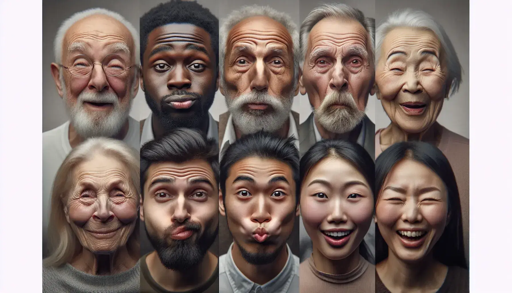 Grupo diverso de personas mostrando emociones variadas en primer plano, con una mujer mayor afroamericana frunciendo el ceño, un joven de Oriente Medio sorprendido, una mujer de mediana edad del sur de Asia sonriendo ampliamente y un hombre mayor caucásico soplando con los ojos cerrados, sobre fondo neutro desenfocado.