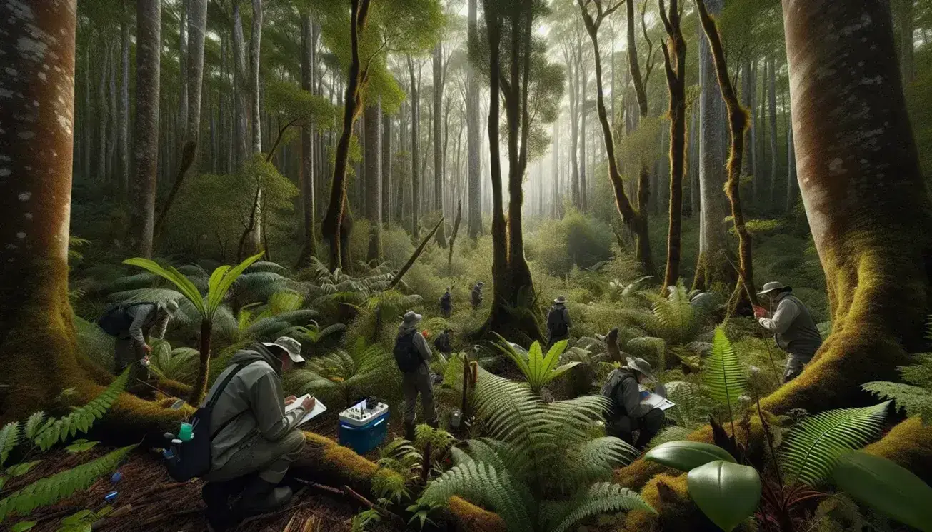 Biólogos investigando en un bosque denso con árboles robustos, plantas variadas, aves coloridas y un pequeño mamífero, bajo un cielo despejado.