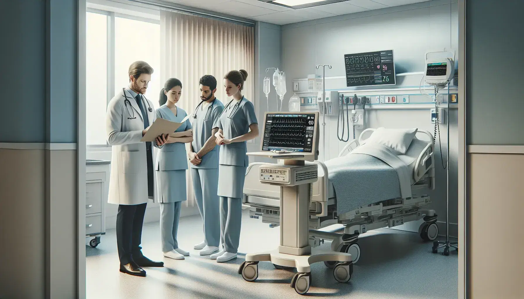 Profesionales de la salud atendiendo a un paciente en un hospital, con un médico revisando un expediente y enfermeros ajustando un monitor de signos vitales.