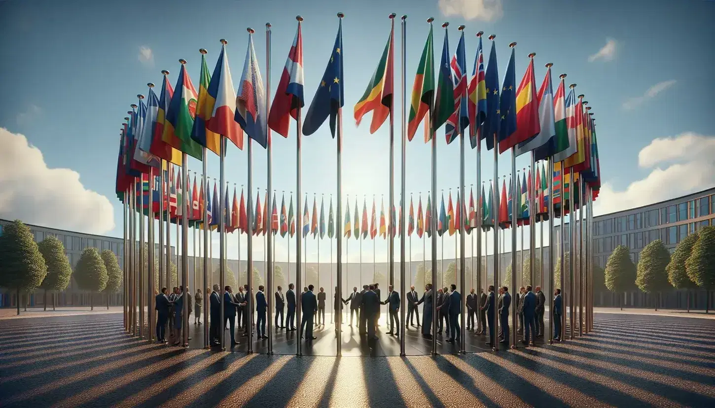 Bandiere nazionali europee in cerchio con persone in abiti formali che dialogano su piattaforma centrale, simbolo di cooperazione internazionale.