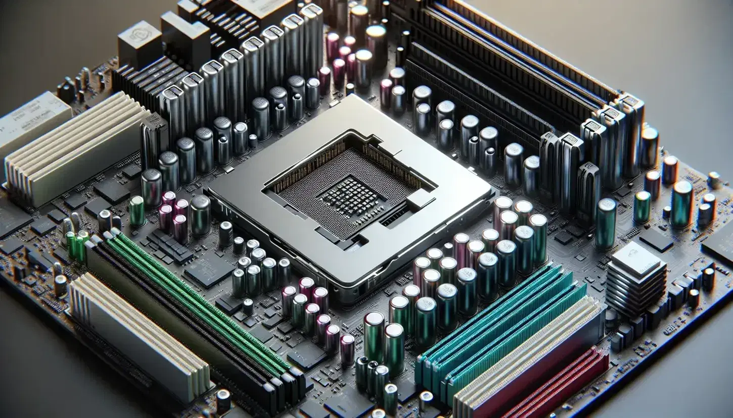 Close-up of a motherboard with empty CPU socket, inserted green RAMs, colored capacitors and red graphics card with fan.
