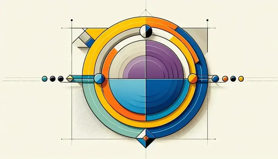 Forme geometriche colorate con cerchio blu, triangolo giallo, quadrato rosso e rettangolo verde su sfondo neutro, linee orizzontali multicolore e punti neri curvi.