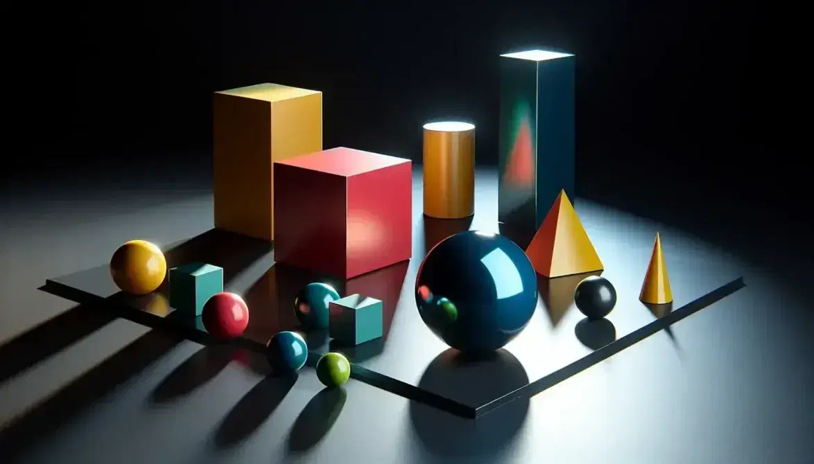 Collection of colorful geometric solids on black surface: red cube, blue sphere, yellow cylinder, green cone, silver tetrahedron and others.