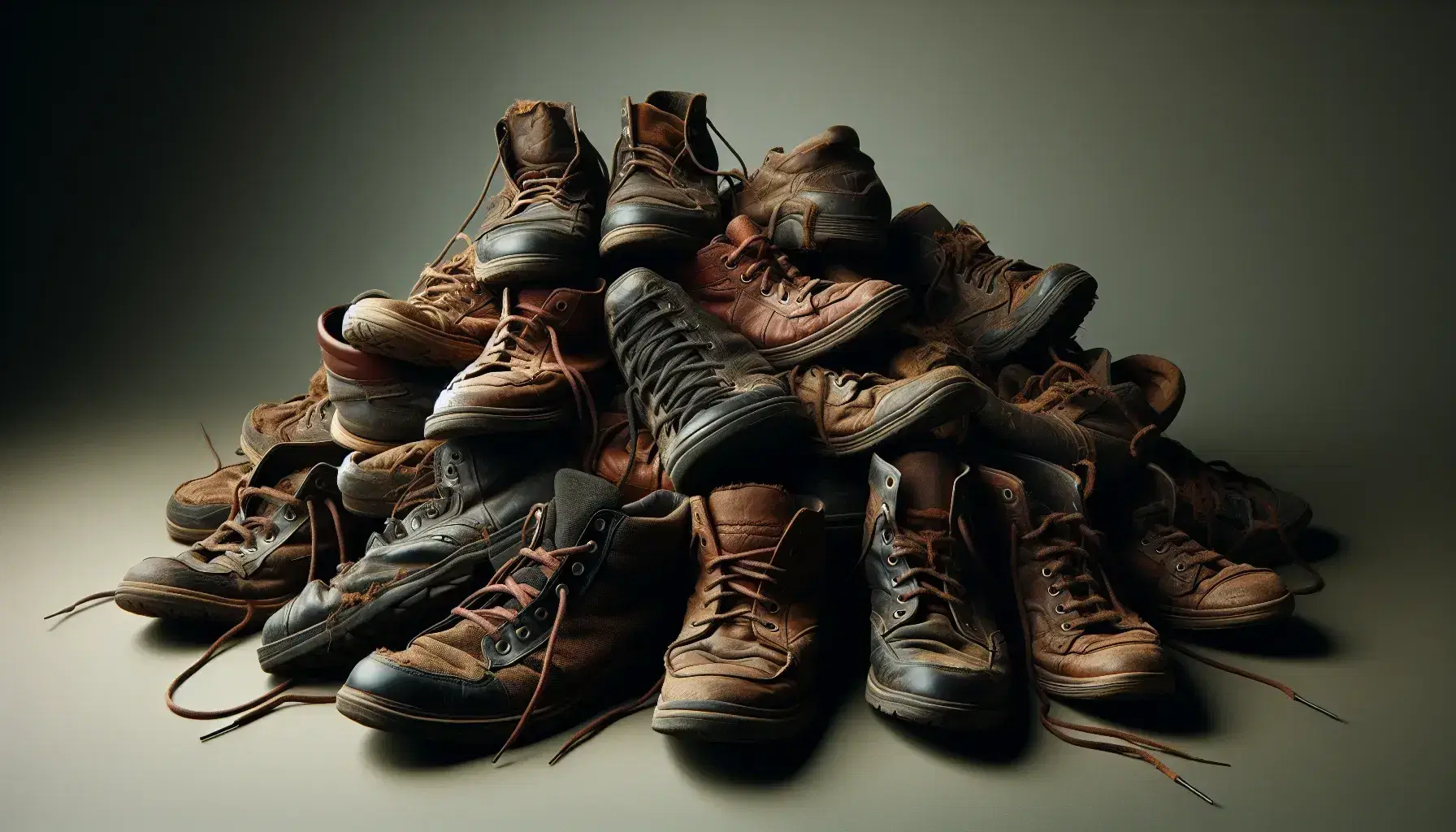 Pile of assorted worn-out lace-up shoes in brown and black with visible wear and tear, heaped together against a gray background.