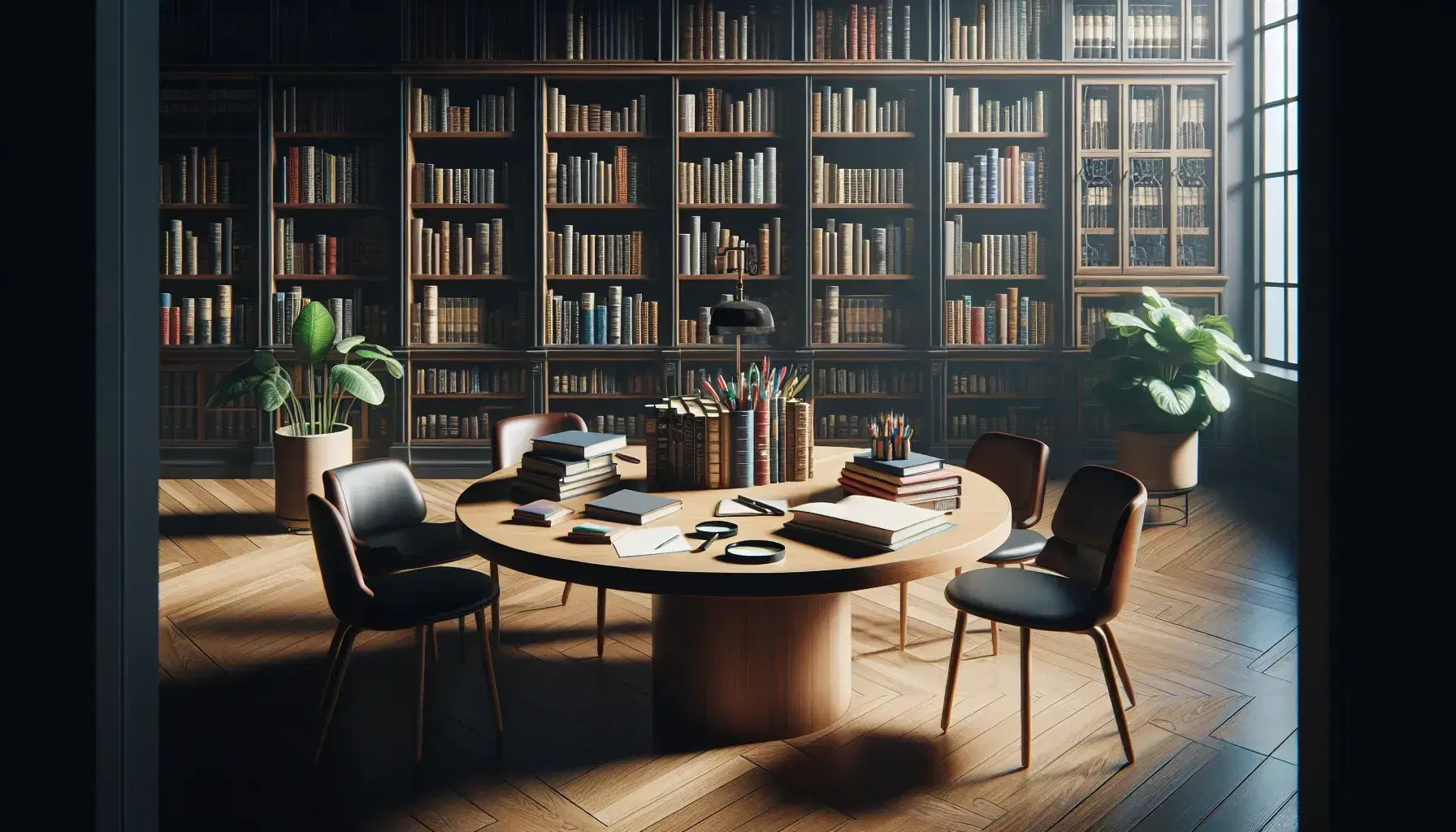 Biblioteca acogedora con estanterías de madera oscura llenas de libros, mesa central con libros abiertos y lupa, planta verde en primer plano y luz suave entrando por la ventana.