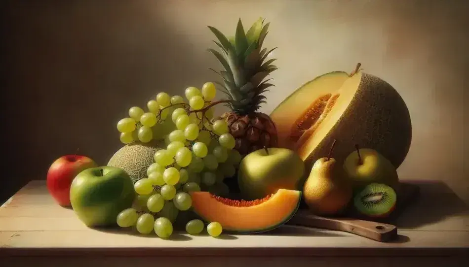 Frutta fresca su sfondo neutro con uva verde, fetta di melone giallo-arancio, mela rossa lucida, pera verde e ananas tagliato su legno chiaro.