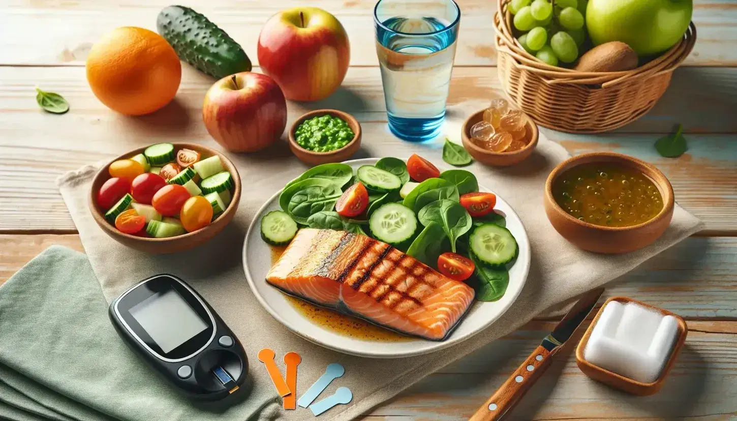Mesa de madera con comida saludable, plato de salmón a la parrilla, ensalada verde, vaso de agua, frutas variadas y medidor de glucosa.