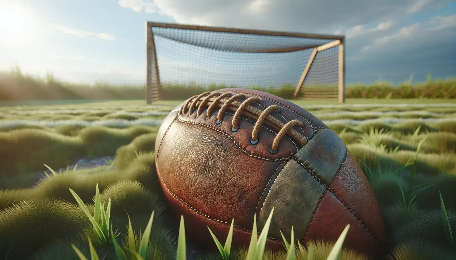 Balón de fútbol antiguo de cuero marrón cosido a mano y desgastado sobre césped verde irregular con porterías de madera al fondo bajo cielo azul claro.