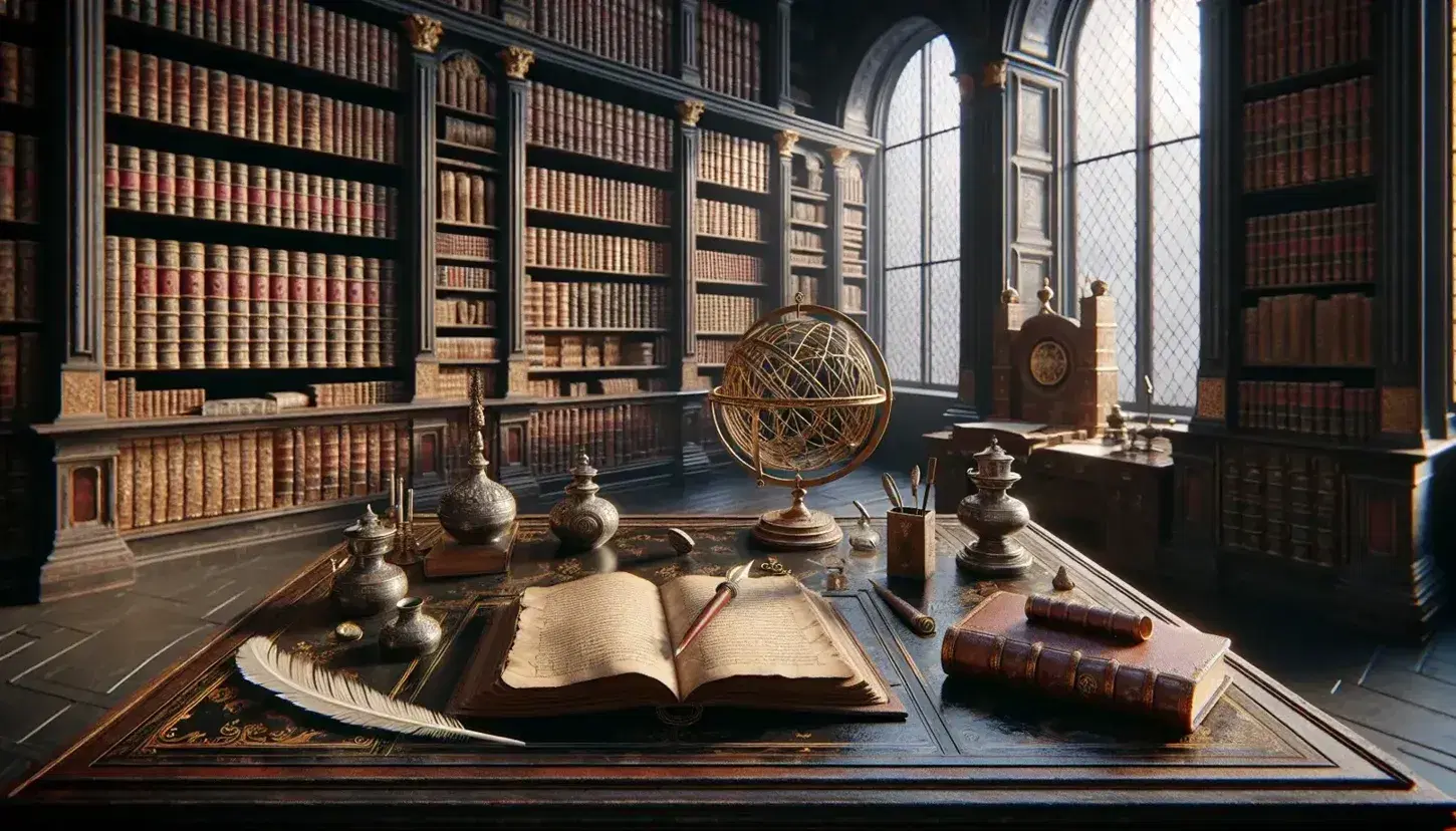 Biblioteca antica con scrivania in legno scuro, calamaio d'argento, libro aperto, sfera armillare, scaffali di libri rilegati e poltrona in pelle.
