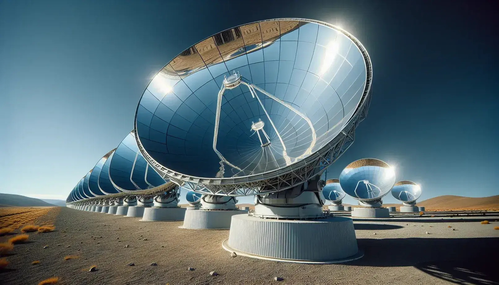 Fila de espejos parabólicos metálicos reflejando la luz solar en una planta de energía solar, bajo un cielo azul despejado y sin vegetación visible.