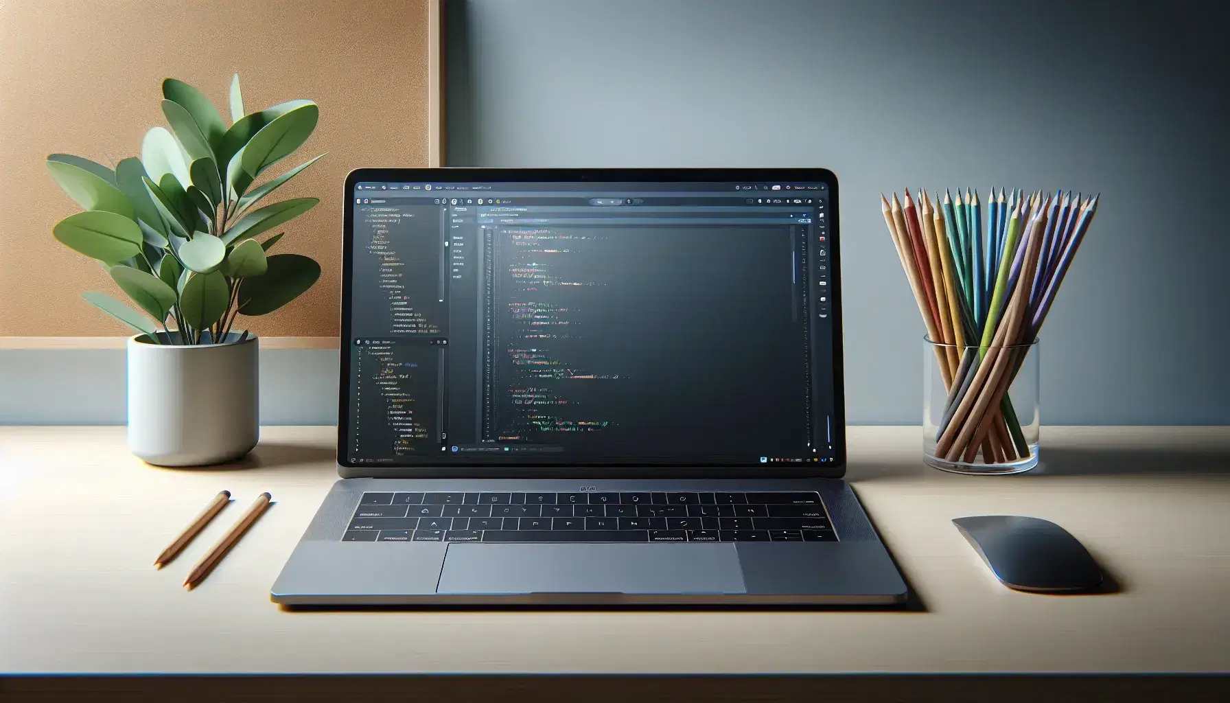 Modern silver laptop with lit screen showing blank IDE on light wooden desk, colored pencils and green plant.