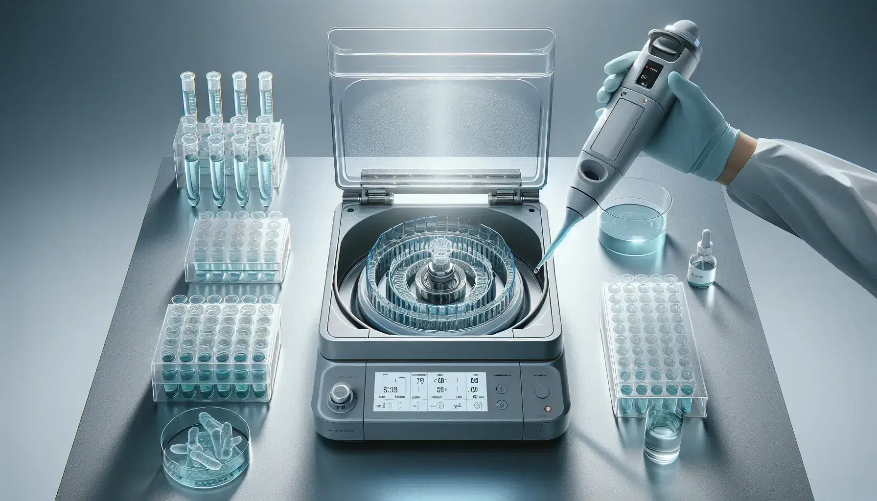 Sterile laboratory bench with an open tabletop centrifuge holding test tubes of light blue liquid, a digital pipette operated by a gloved hand, and a petri dish with agar.