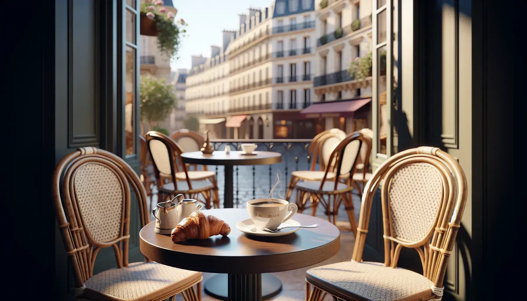 Cozy French café scene with a round bistro table, rattan chairs, a cup of coffee, and a croissant on a sunny Parisian street.