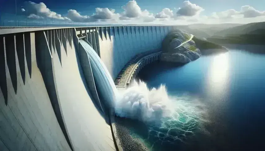 Diga in cemento armato moderna con acqua calma a monte e getto d'acqua a valle che forma una cascata e un piccolo arcobaleno.