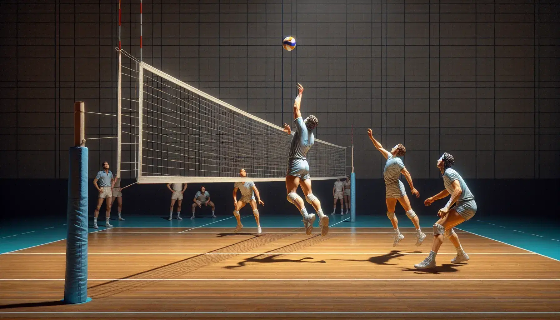 Partita di pallavolo indoor con giocatore che effettua un attacco al netto, compagni pronti alla difesa, pallone in volo.