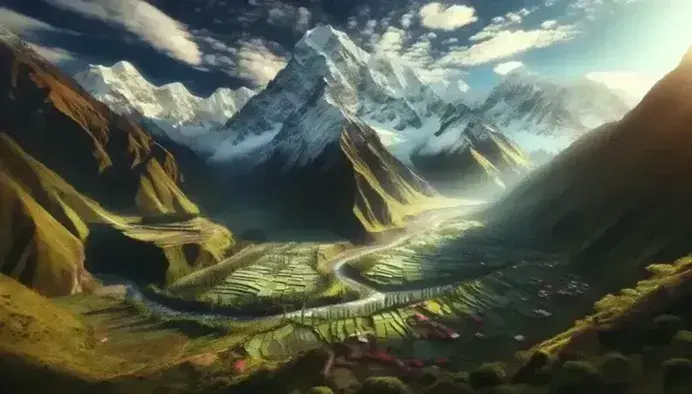 Vista panorámica de cordillera nevada con valle verde y terrazas de cultivo, río serpenteante y casas con techos rojos bajo cielo azul con nubes.