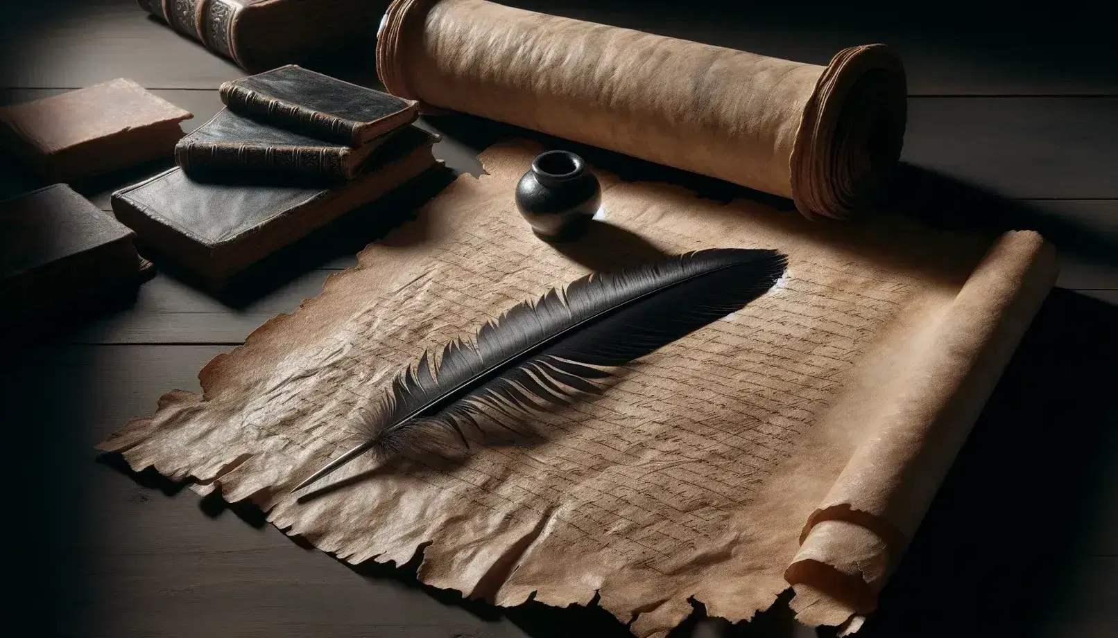 Antiguo pergamino desenrollado con pluma de ave y tintero de cerámica sobre mesa de madera oscura, rodeado de libros de cuero marrón.