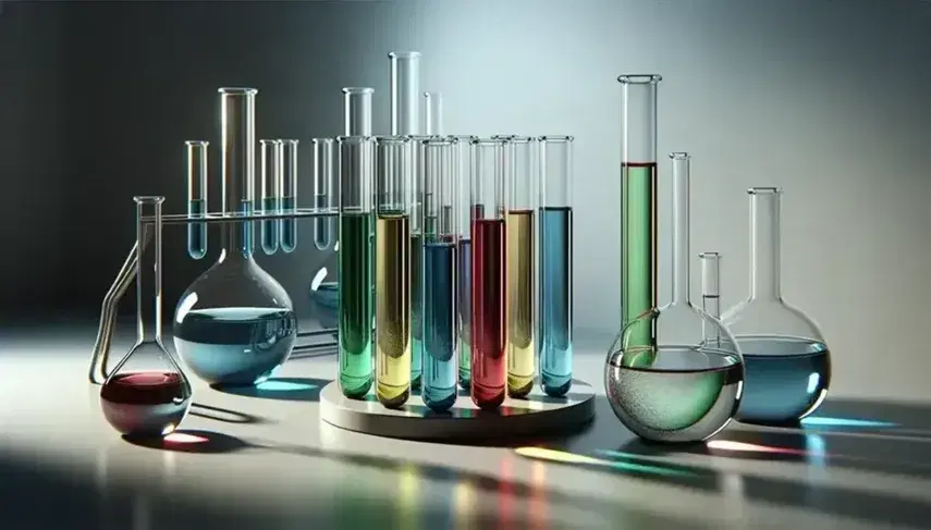 Tubos de ensayo de vidrio con líquidos de colores azul, verde, amarillo y rojo en fila sobre superficie blanca, con soporte metálico detrás y parte de un matraz Erlenmeyer transparente a la derecha.
