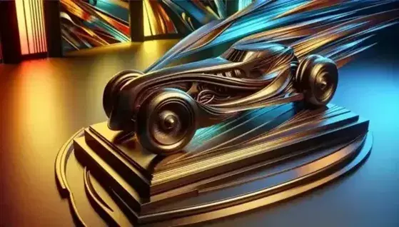 Scultura futurista in bronzo di auto in movimento con ruote allungate e superfici aerodinamiche su base, in un sfondo astratto e colorato.