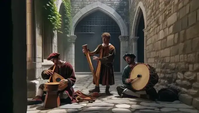 Tre musicisti medievali suonano strumenti - liuto, flauto dolce e tamburo - in un cortile castellano con pareti di pietra e piante rampicanti.