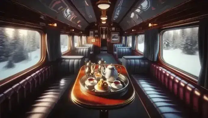 Interno lussuoso di carrozza treno d'epoca con tavolo ovale, servizio da tè in porcellana, pasticcini e baule in pelle, illuminato da luce soffusa.