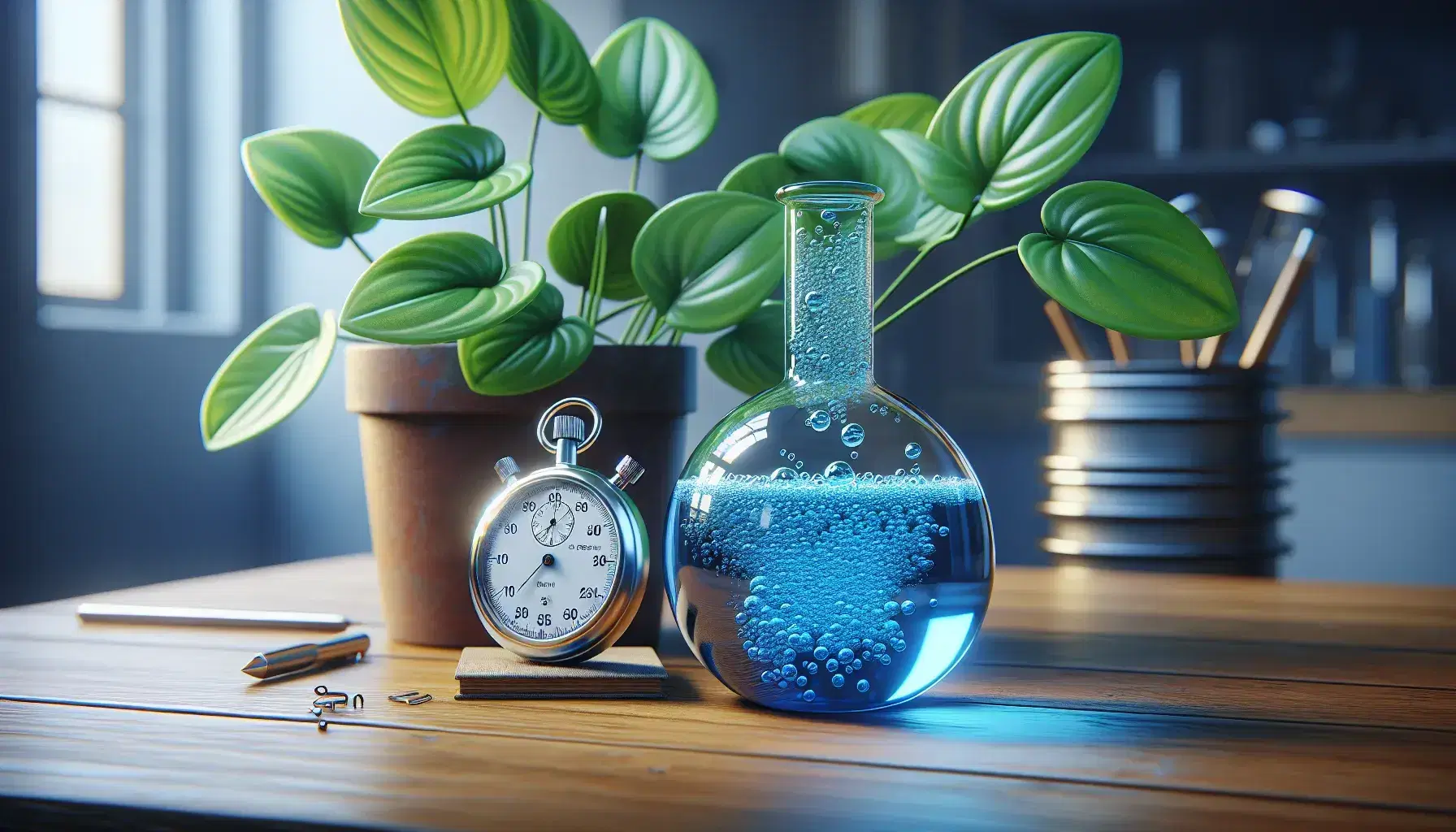 Blue chemical reaction in a glass flask on a wooden table with a stopwatch and a blurred green plant in the background, in a scholarly setting.