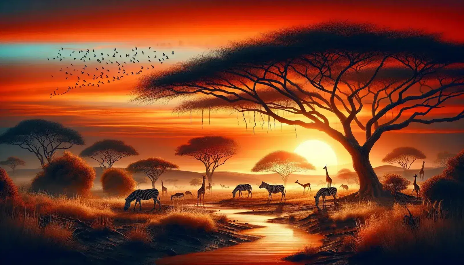 Tramonto sulla savana africana con acacia, zebre, gazzelle, elefanti in lontananza e uccelli in volo sotto un cielo infuocato.