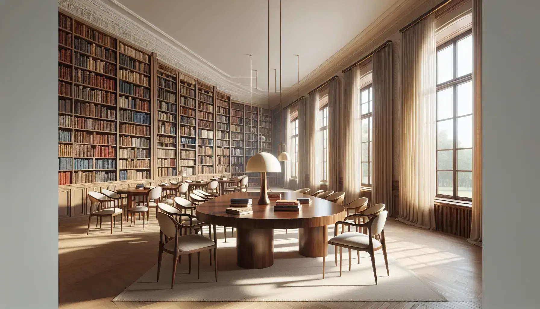 Sala de estudio elegante con mesa de madera oscura rodeada de sillas y estantería llena de libros, grandes ventanas con cortinas y balanza de justicia decorativa.
