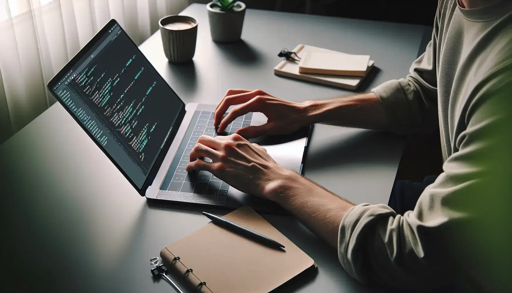 A person's hands working on a laptop with code on the screen, surrounded by a notebook, pen, coffee and green plant.