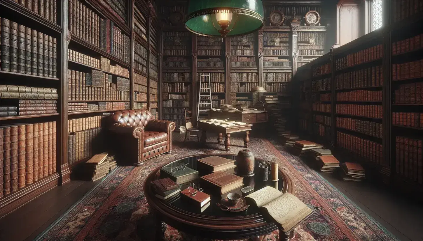 Biblioteca antica con scaffali in legno scuro pieni di libri rilegati, tavolo ovale con libri aperti, poltrona in pelle e tappeto persiano.