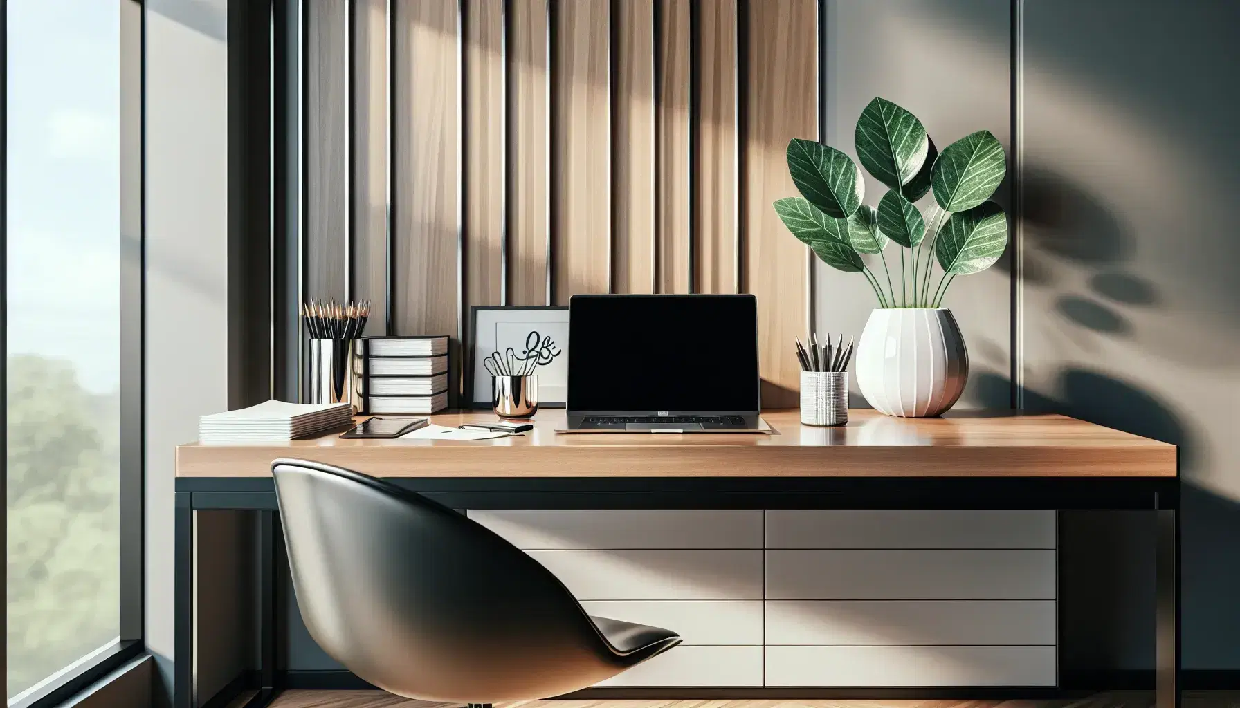 Modern office setup with a polished wooden desk, black swivel chair, silver laptop, white papers, ceramic mug with pens, and a green potted plant by a window.