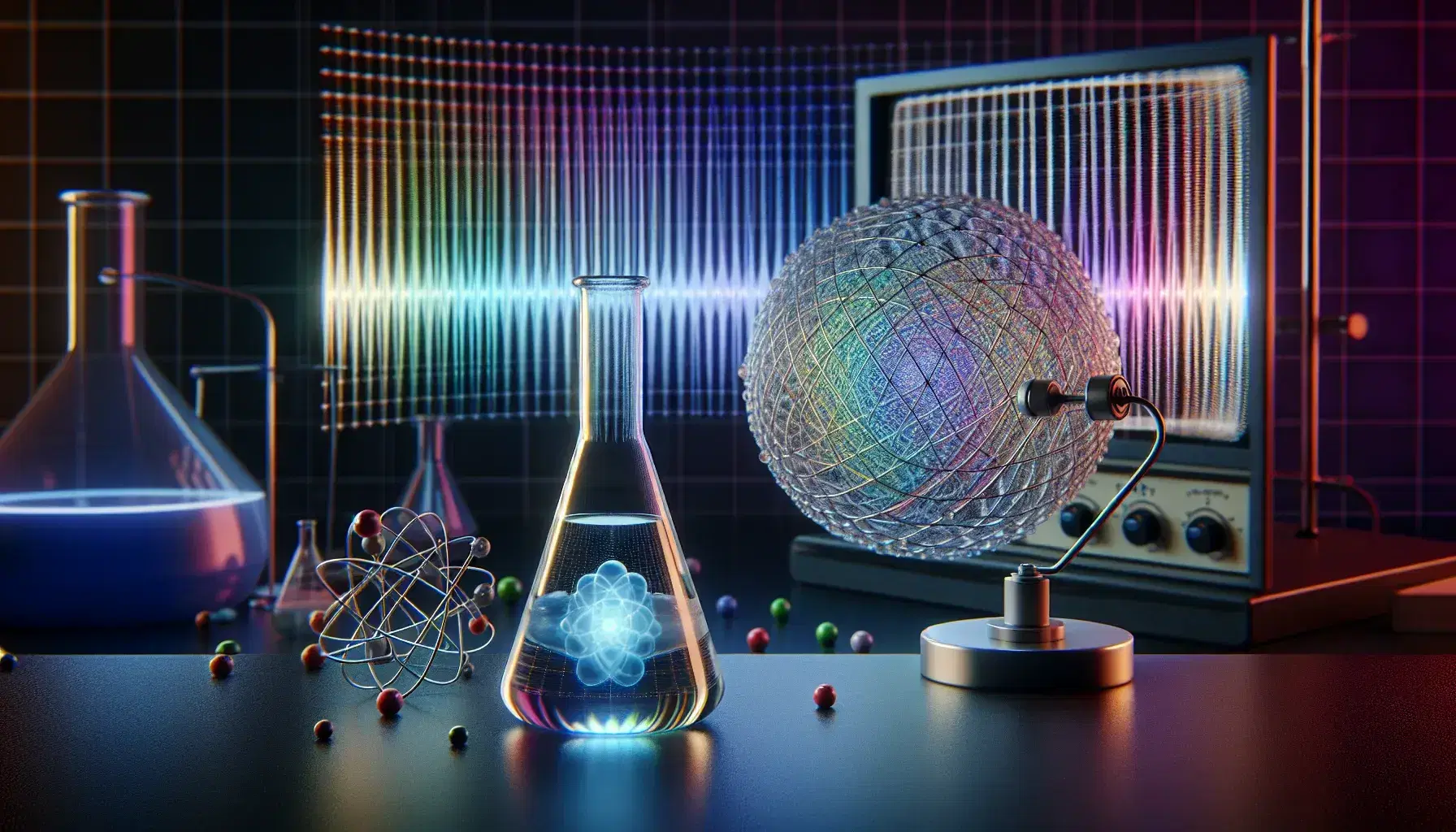 Laboratory scene with a luminescent blue substance in a glass flask, a spectrum of light in the background, and a quantum mechanics monitor display.