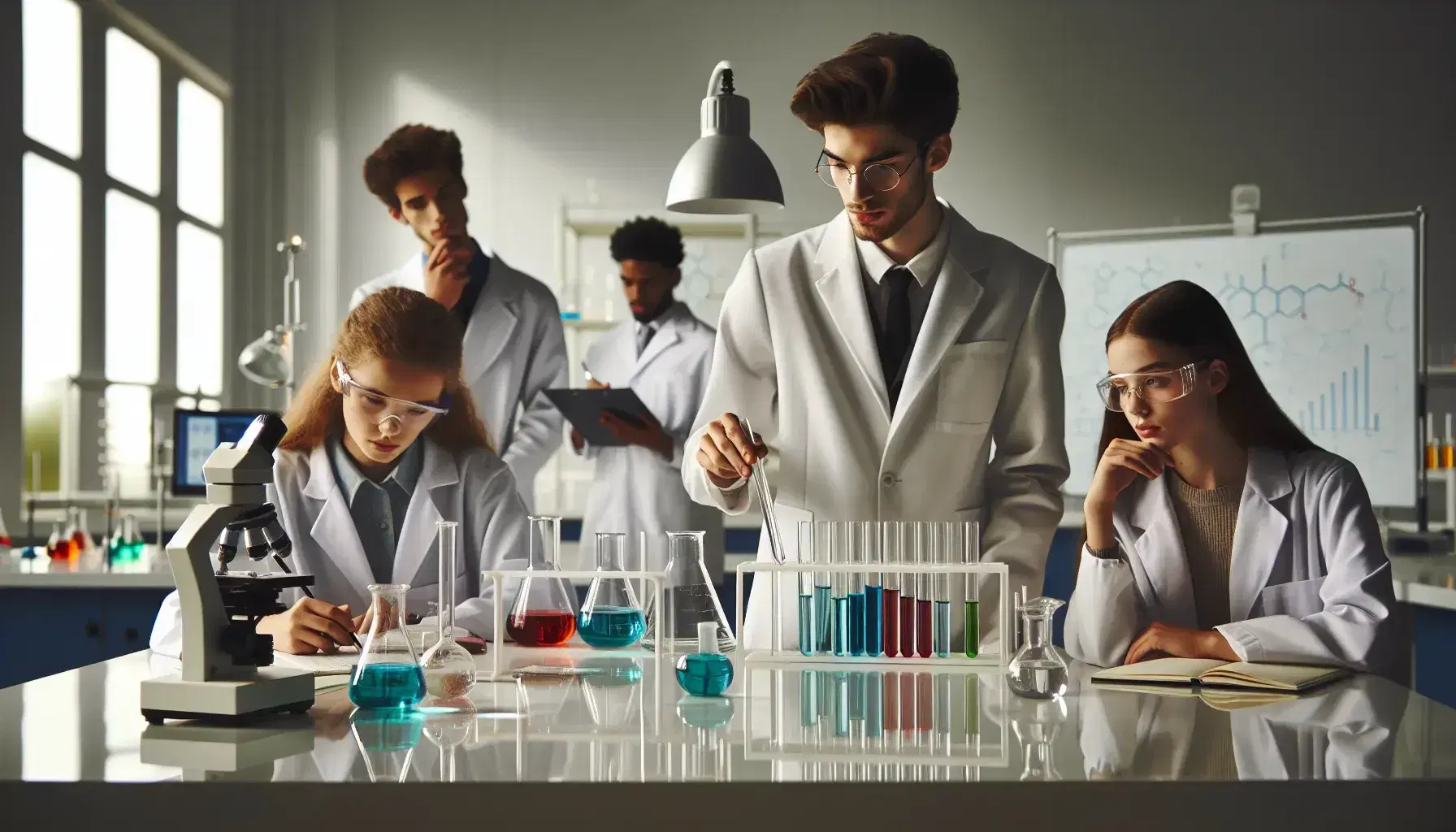 Estudiantes diversos realizando experimento en laboratorio de ciencias con tubos de ensayo de colores, microscopio y anotaciones.