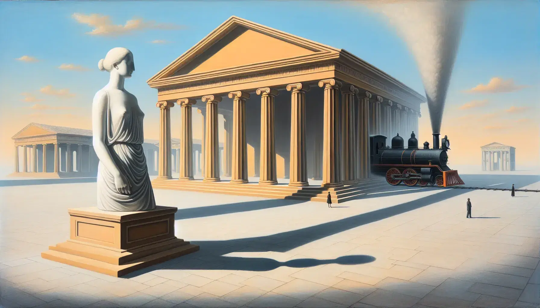 Struttura classica con colonne doriche e statua marmorea senza braccia su piazza deserta, treno a vapore in transito sotto cielo azzurro.
