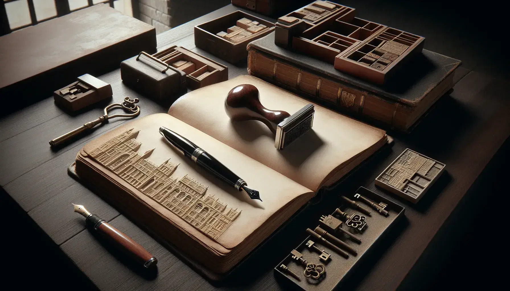 Scrivania in legno scuro con libro aperto, penna stilografica nera, timbro manuale, mazzo di chiavi antiche e modellino architettonico.