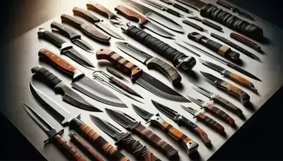 Colección de cuchillos y armas blancas variadas sobre superficie plana, incluyendo cuchillo de chef, bisturí quirúrgico y machete, con mangos de madera y metal.