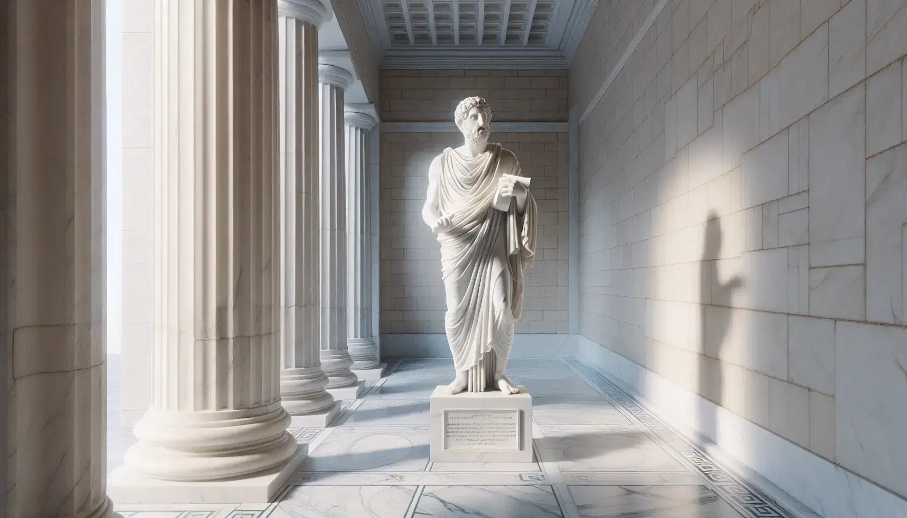 Estatua de mármol blanco de filósofo griego con túnica, sosteniendo un rollo de papiro y con brazo derecho extendido, en entorno clásico con columnas dóricas.
