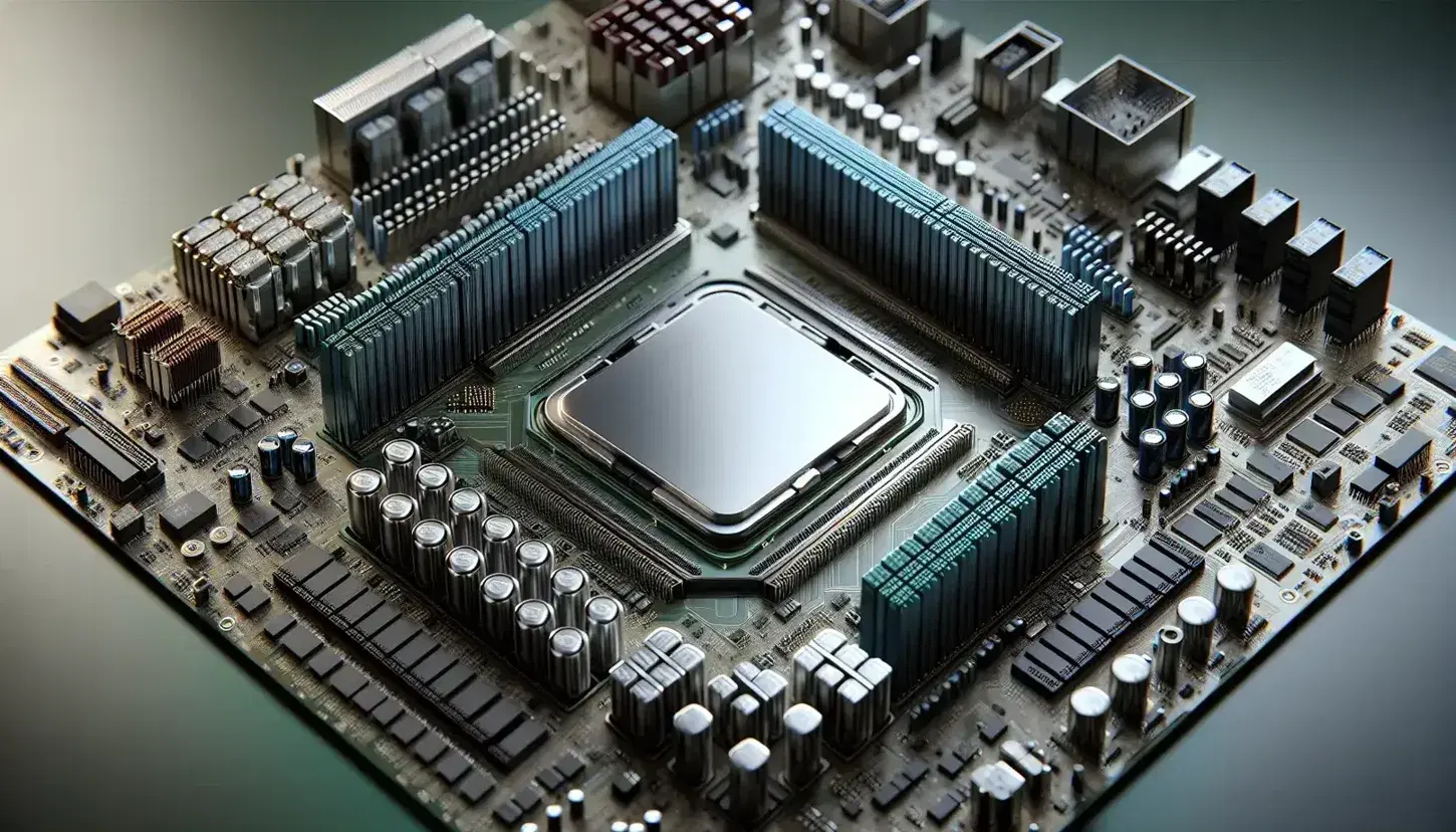 Close-up of a motherboard with a silver central CPU, memory modules, capacitors, resistors and empty expansion slots.