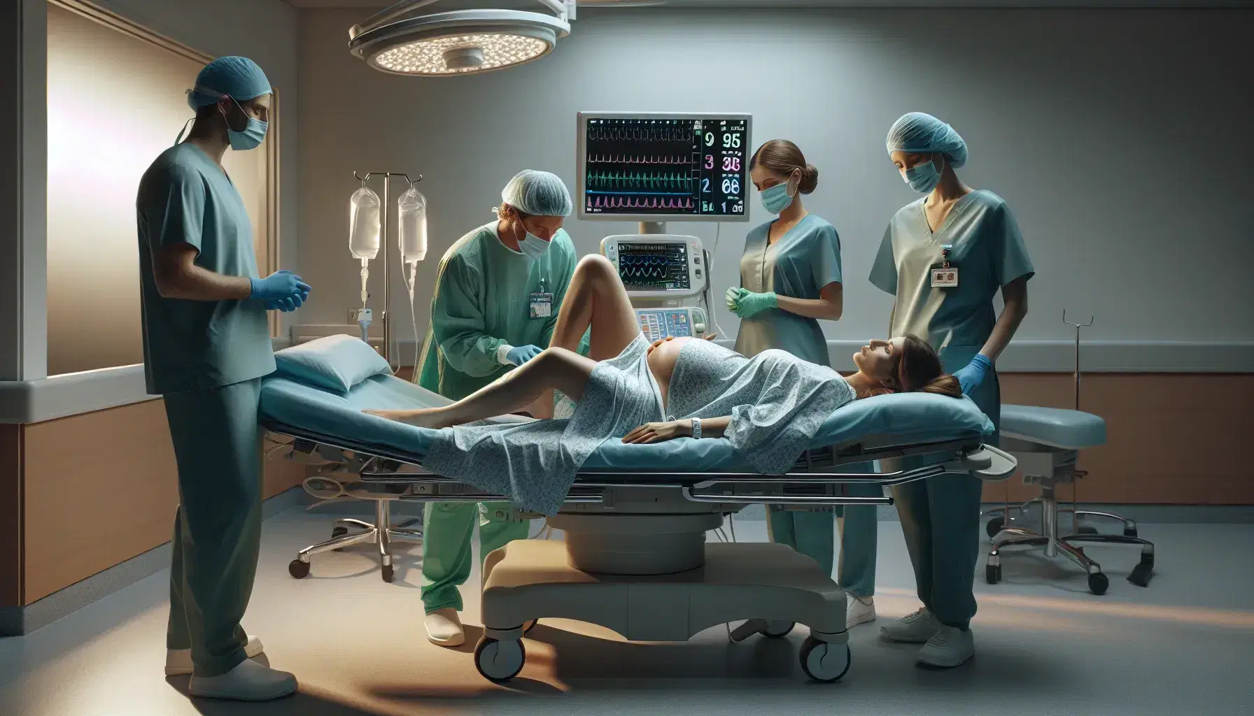 Equipo médico asistiendo parto en sala de maternidad, con doctor y enfermera atendiendo a mujer en camilla con monitor de signos vitales al lado.