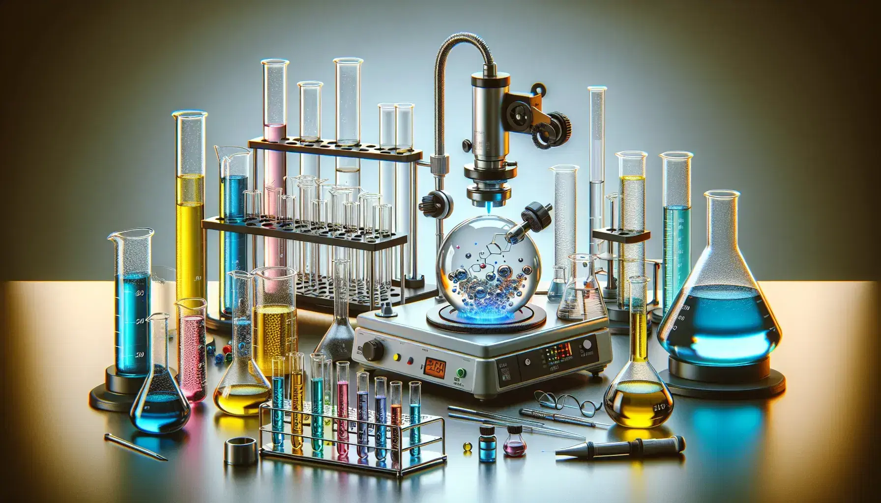 Laboratorio scientifico moderno con banco di lavoro, becher con liquidi colorati, bruciatore Bunsen, provette e microscopio.