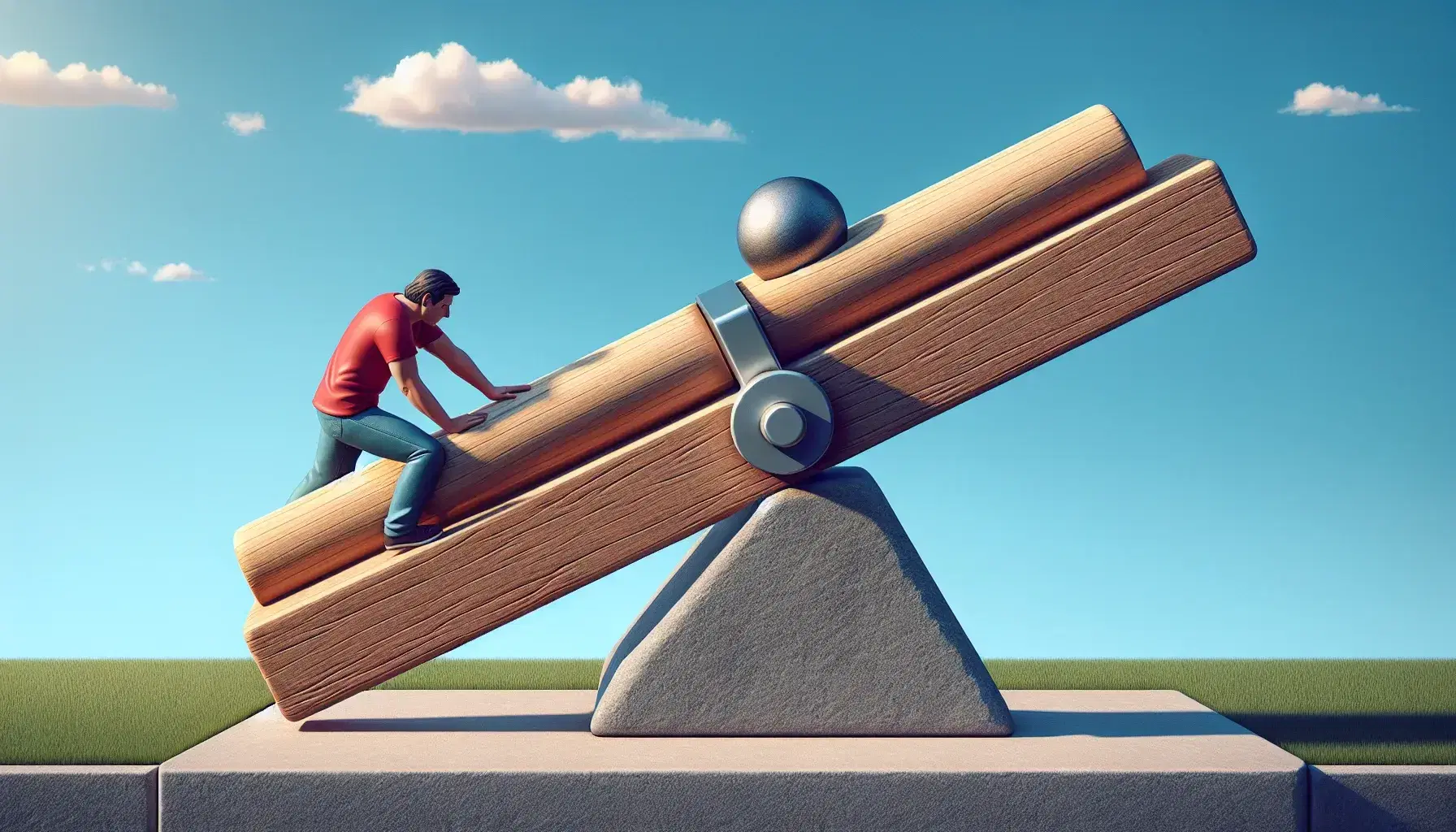 Lever system with a wooden beam on a stone fulcrum, a silver weight at one end, and a person in red exerting force on the other, outdoors on grass.