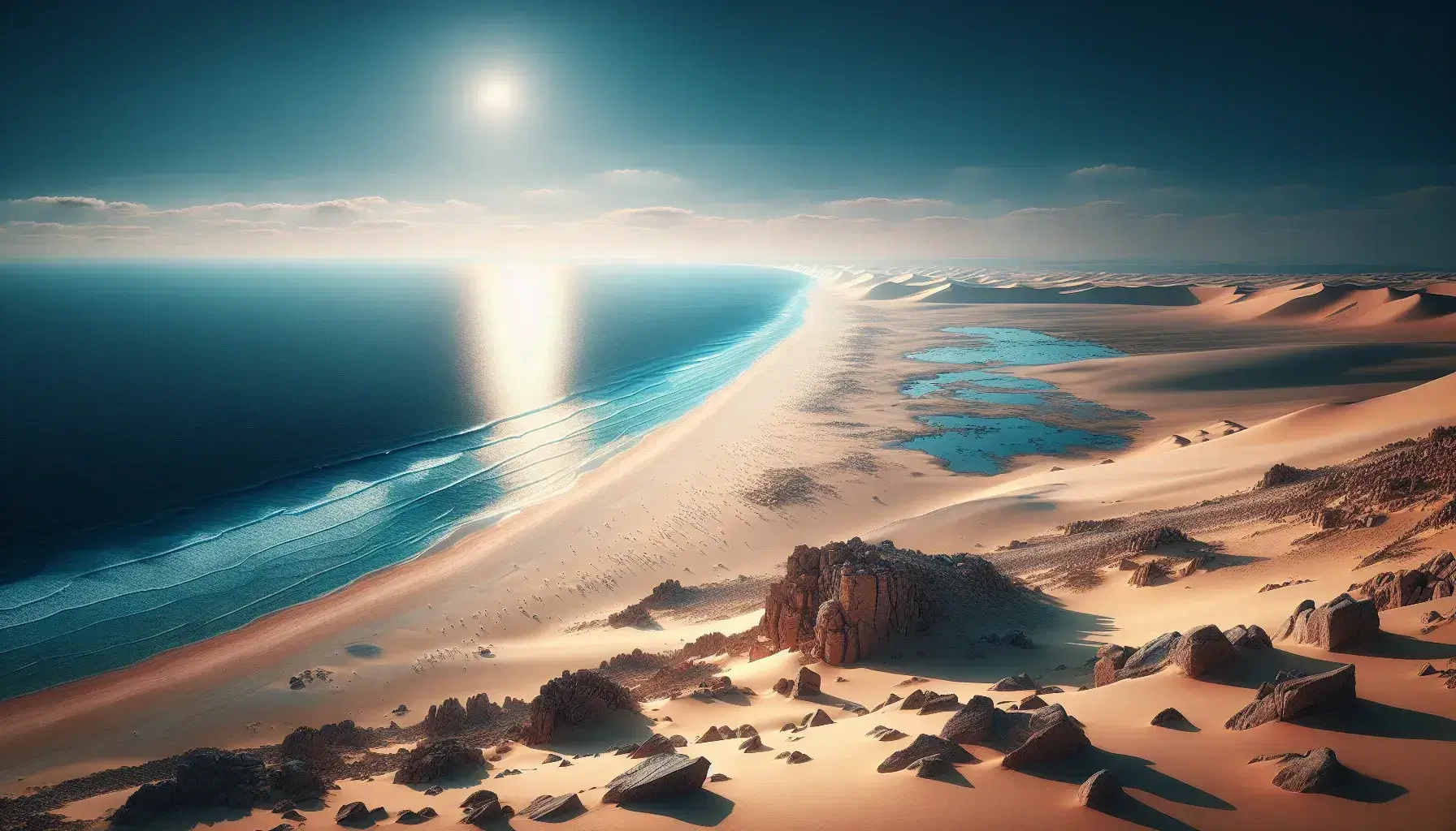 Vista panorámica de una costa desértica con arena beige y formaciones rocosas frente a un mar azul bajo un cielo despejado, reflejando tranquilidad y amplitud natural.