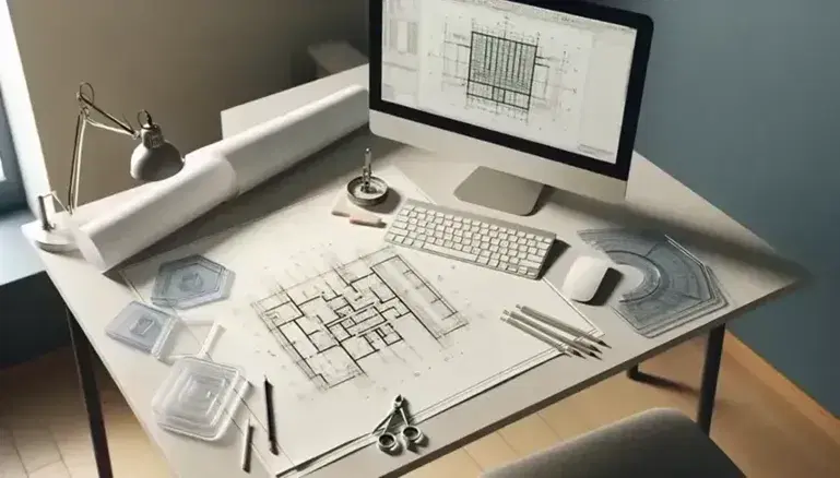 Tavolo da lavoro di ingegnere civile con piano architettonico, strumenti da disegno tecnico e monitor con software CAD.