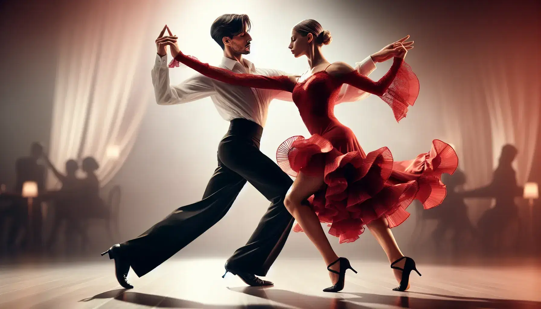 Hispanic male and Caucasian female dancers perform a Spanish dance, the man in black pants and white shirt, the woman in a red ruffled dress, on a wooden floor.
