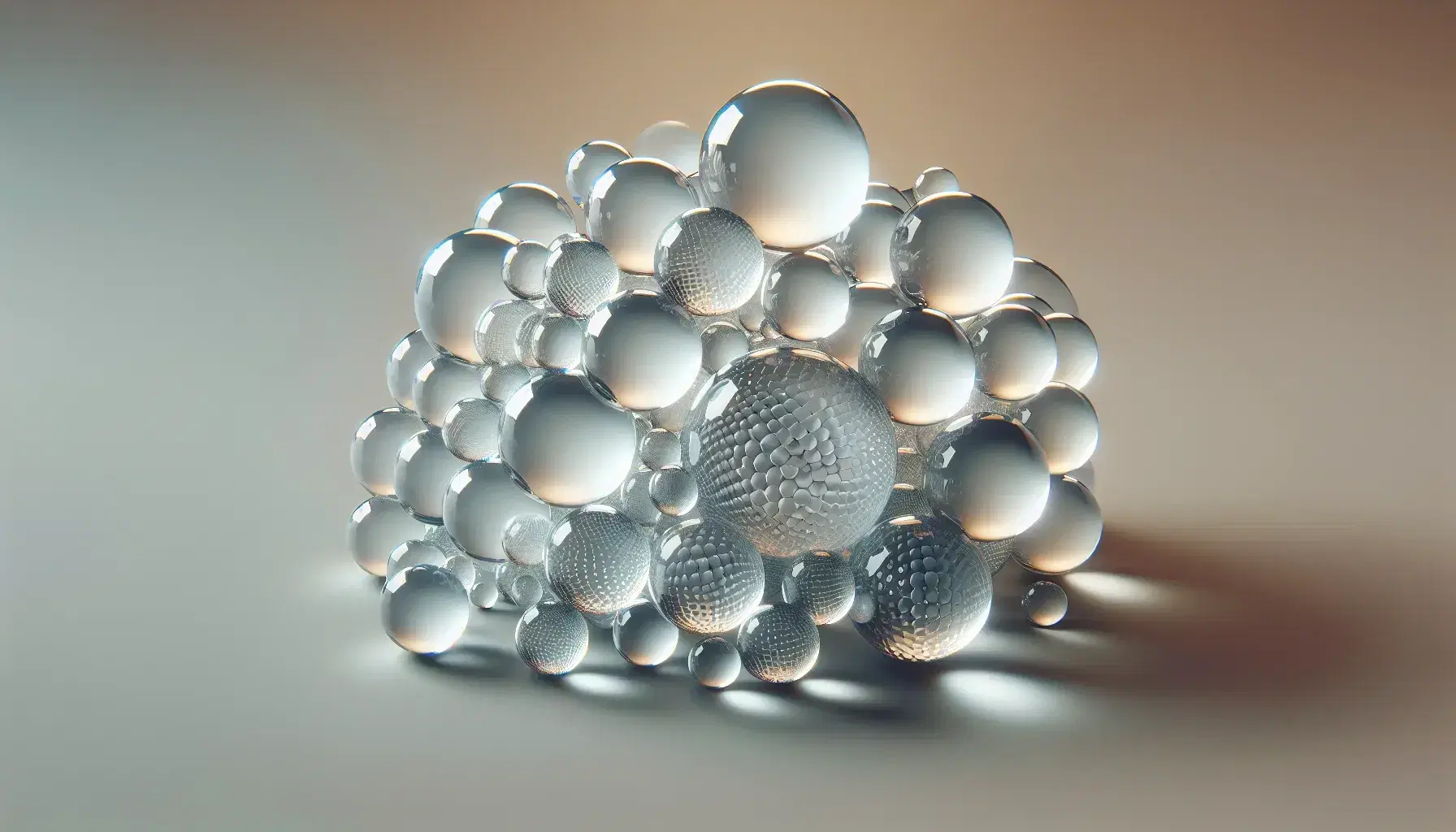 Esferas de vidrio transparentes de distintos tamaños entrelazadas, reflejando luz y proyectando patrones luminosos sobre fondo neutro.