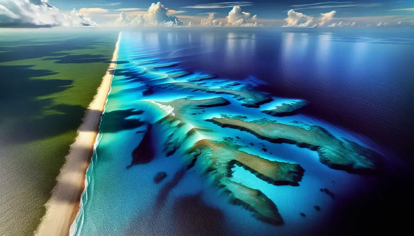 Vista aerea di una catena montuosa sottomarina nell'oceano con isole verdi, spiaggia deserta e acque turchesi che sfumano in blu profondo.