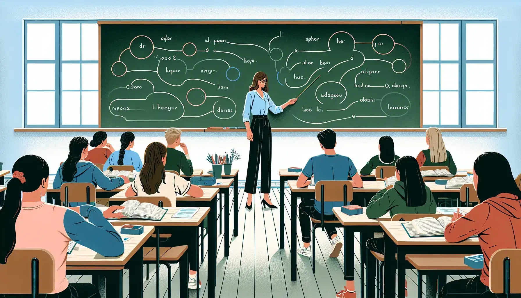 Insegnante spiega analisi grammaticale alla lavagna in aula scolastica con studenti attenti, banchi in legno e pianta verde.