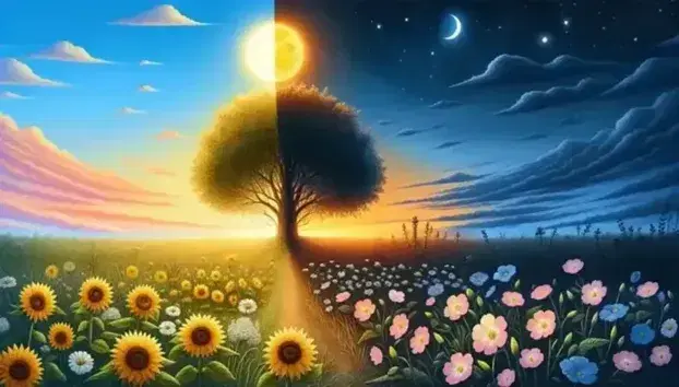 Natural landscape with day-night transition, light blue to dark blue sky with sun and moon, field of sunflowers and primroses, tree and animals.